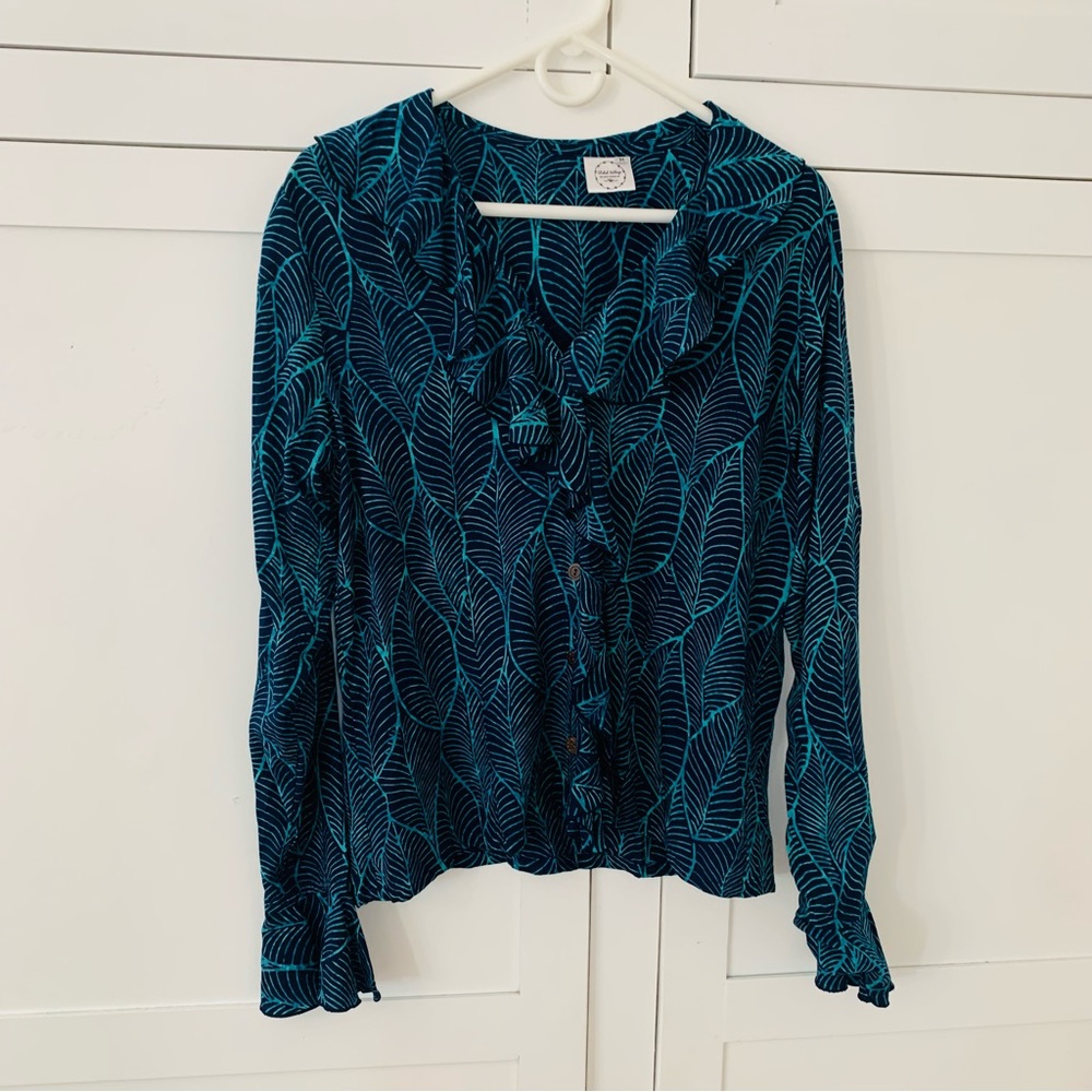 Global Village Green Tropical Blouse Size Medium